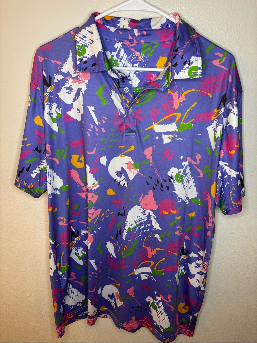 Proud 90 Abstract Golf Polo Shirt Men’s Large Purple Retro Performance Stretch